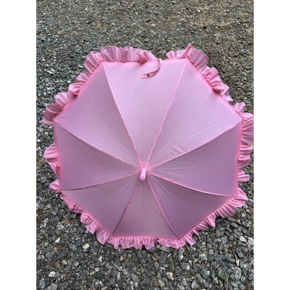 Vintage Umbrella Frilly Ruffles Parasol Pink Curved Pink Handle Nylon